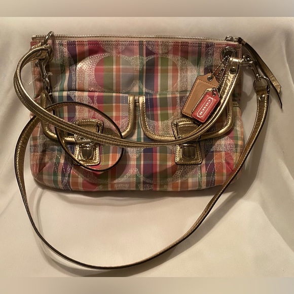 💜HP💜 Retired NWOT Coach Poppy Madras Plaid Sequined Pink Colorful Plaid Metallic - Picture 3 of 17